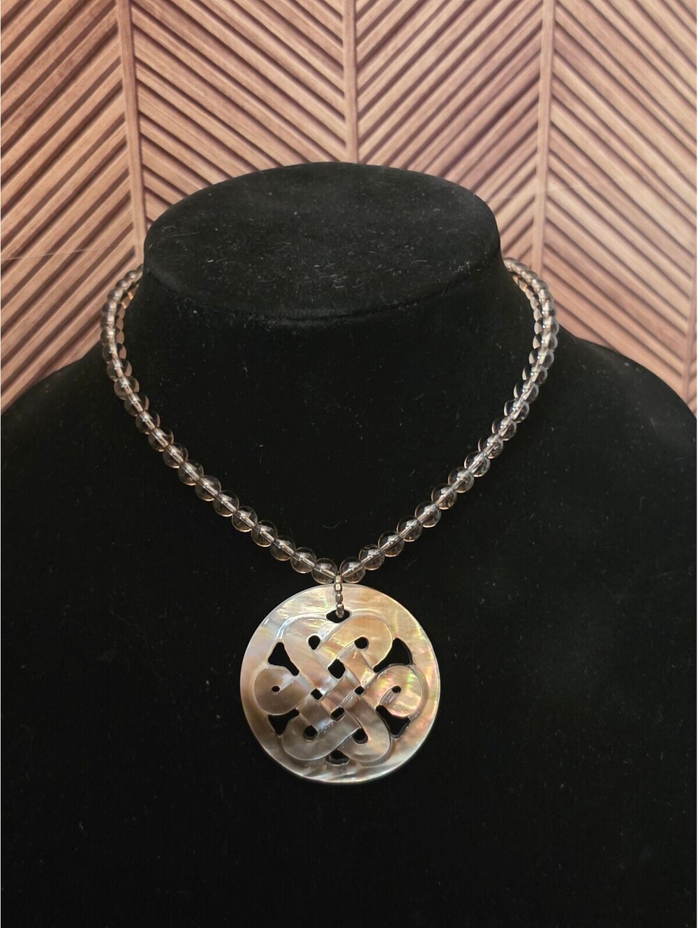 Carved Mother of Pearl Endless Knot Pendant Necklace Smoky Quartz Beads Mystic